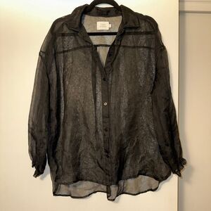 Things Between Small Sheer Crinkle Black Collared Button Down Shirt Gently Worn